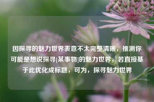 因探寻的魅力世界表意不太完整清晰，推测你可能是想说探寻[某事物]的魅力世界，若直接基于此优化成标题，可为，探寻魅力世界